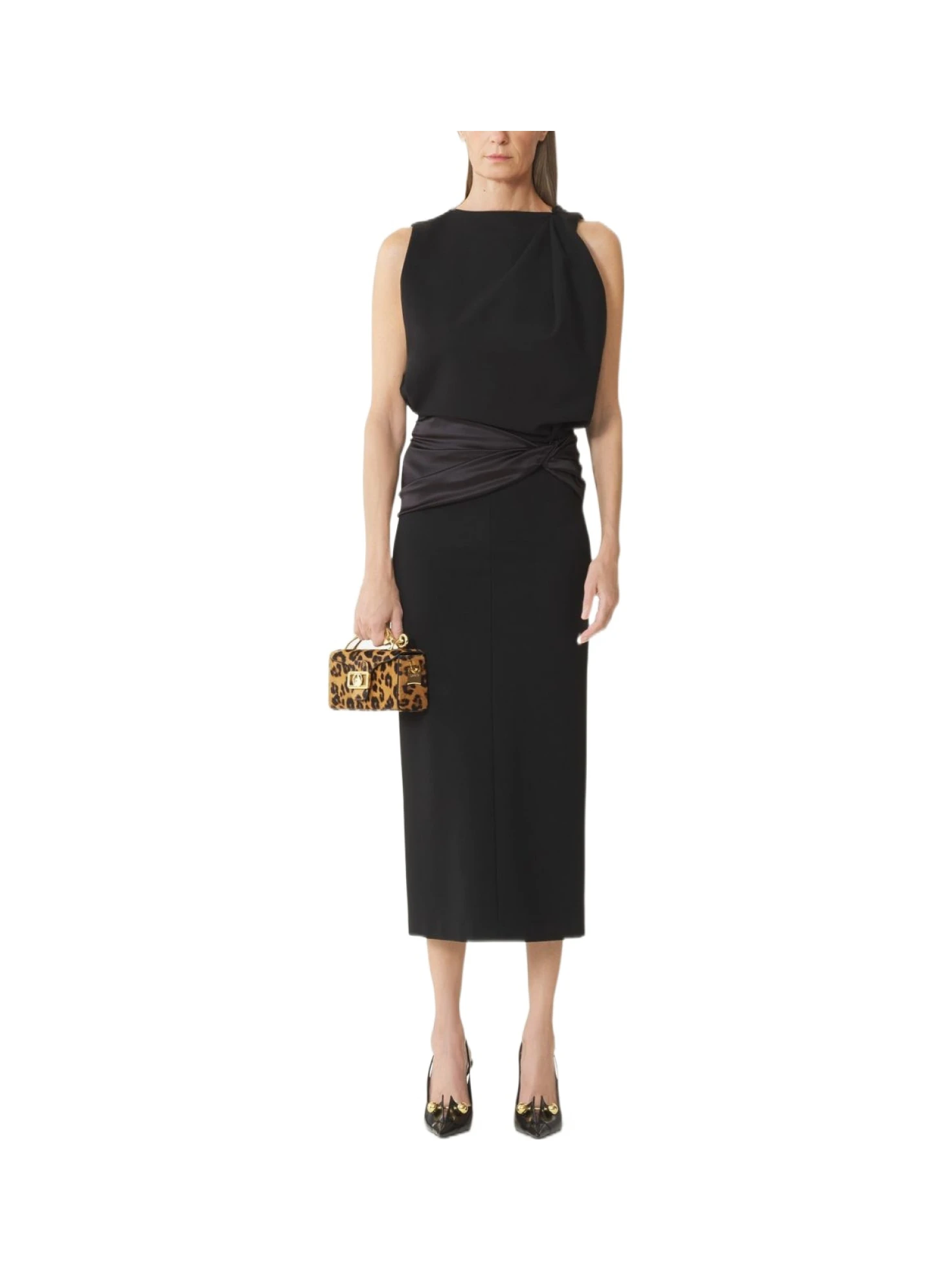 lanvin cape design midi dress Cape-effect open-knit and jersey midi dress - black